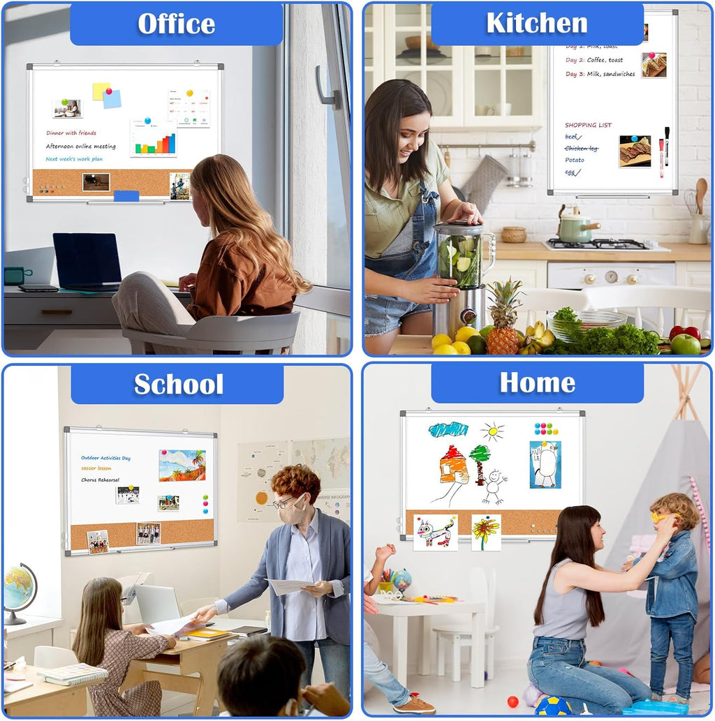 Whiteboard Cork Board Combo for Wall, WALGLASS 36" x 24" Double-Sided Large Dry Erase Whiteboard Corkboard
