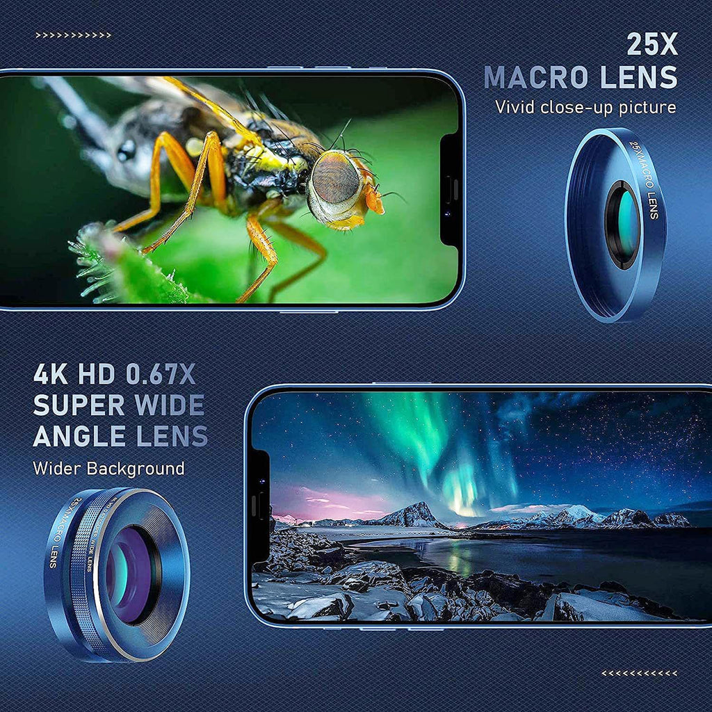 Phone Camera Lens Kit Upgraded Version — Includes 22X Telephoto Lens, 205° Fisheye Lens, 0.67X Wide Angle Lens, 25X