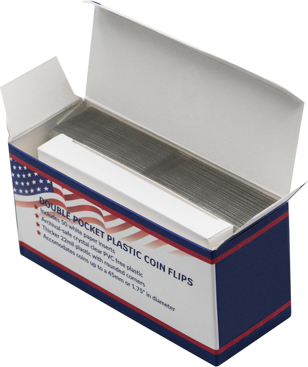 50 2x2 Double Pocket Coin Flips PVC Free Clear Vinyl Holders with Inserts