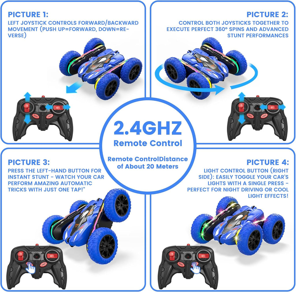 RC Car for Boy Ages 6-12: 2 Batteries 360° Stunt Rotating 4WD Remote Control Toy with Headlights, Indoor Outdoor