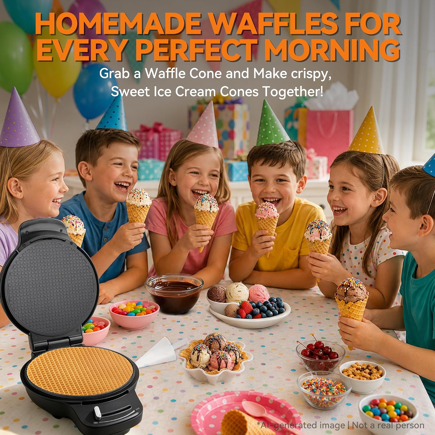 Waffle Cone Maker Machine with Browning Control, 7.5” Ice Cream Cone Maker, Cone Roller & Bowl Press Included,Thin
