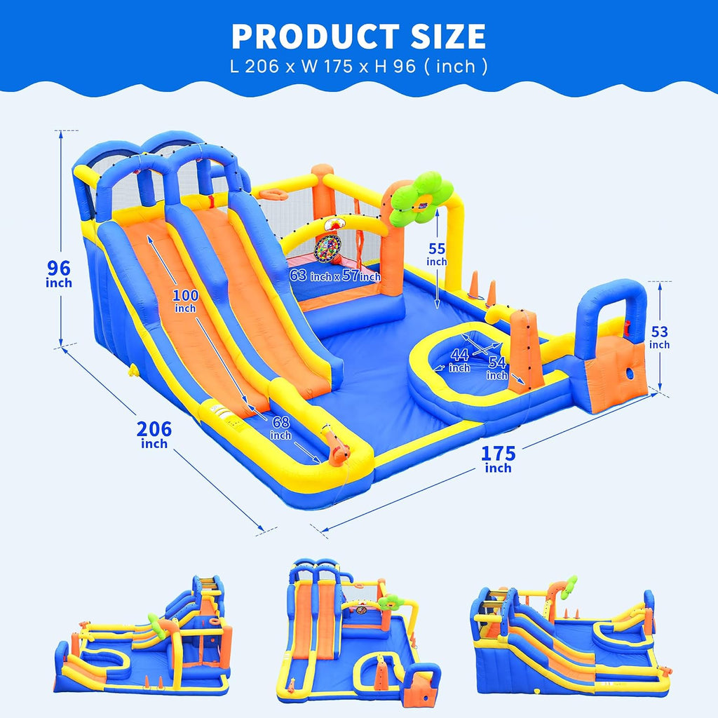 14 in 1 Inflatable Water Park with 3 Slides Bounce House, Dartboard, Ring Toss Game, 650W Blower, Backyard Waterslide