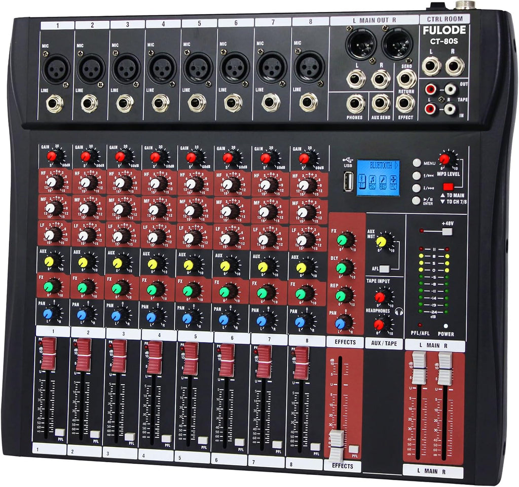 Audio Mixer 8 Channel, CT-80S Professional Sound System Mixer Board DJ Mixing Console with Reverb MP3 Player