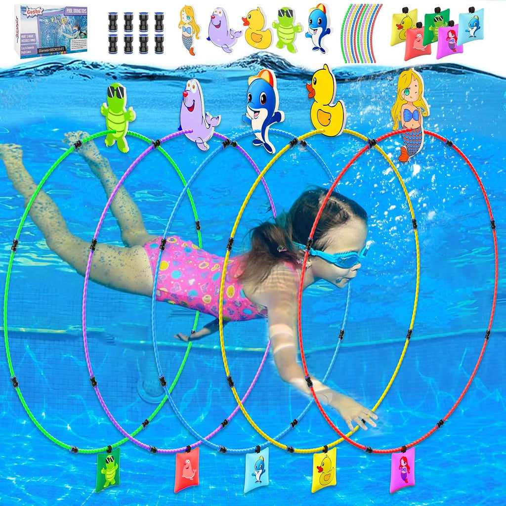 Diving Toys 15 PCS Pool Toys for Kids Age 4-8 8-12 Water Swim Thru Rings with Buoys and Sandbags Underwater Training
