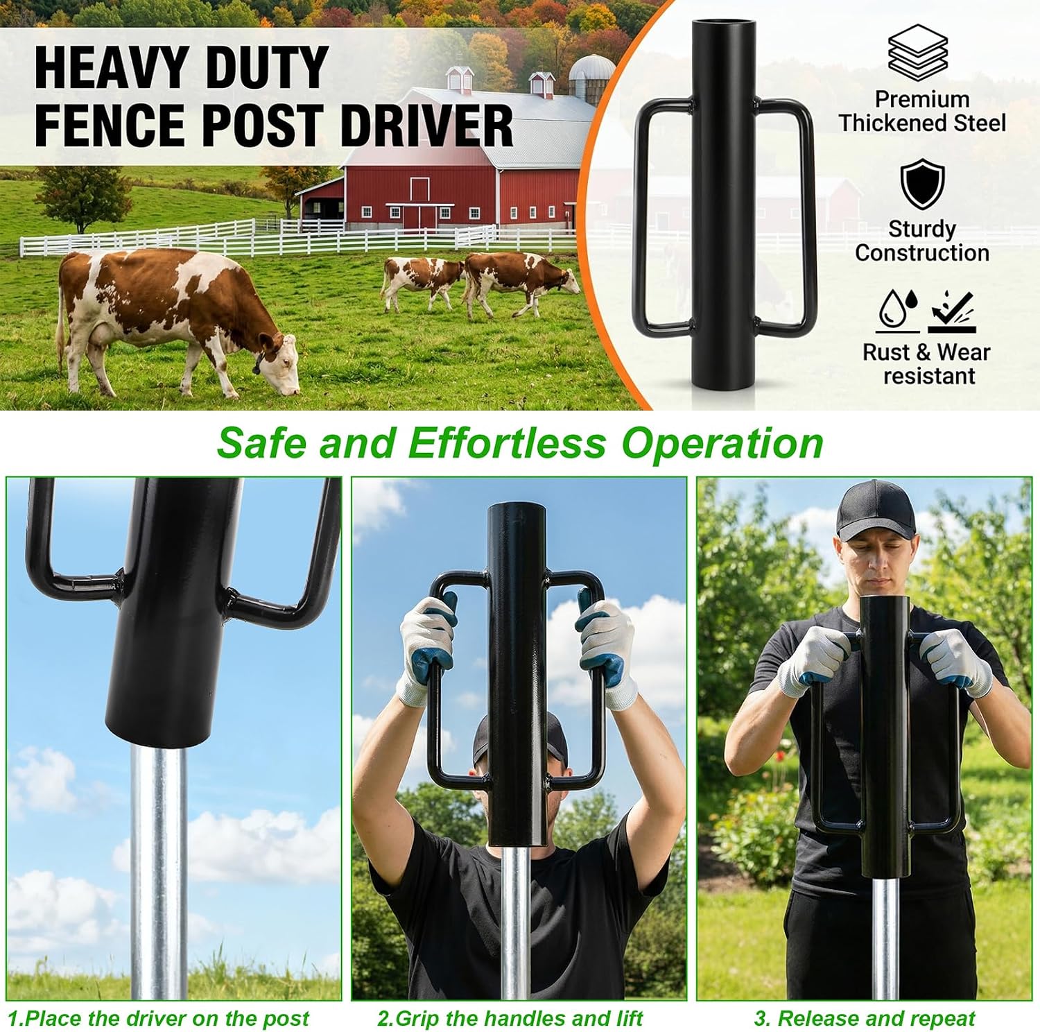 Fence Post Driver, 17 LBS Heavy Duty Hand Post Pounder with Handles for Metal U Posts, T Posts, Garden Wooden Fence