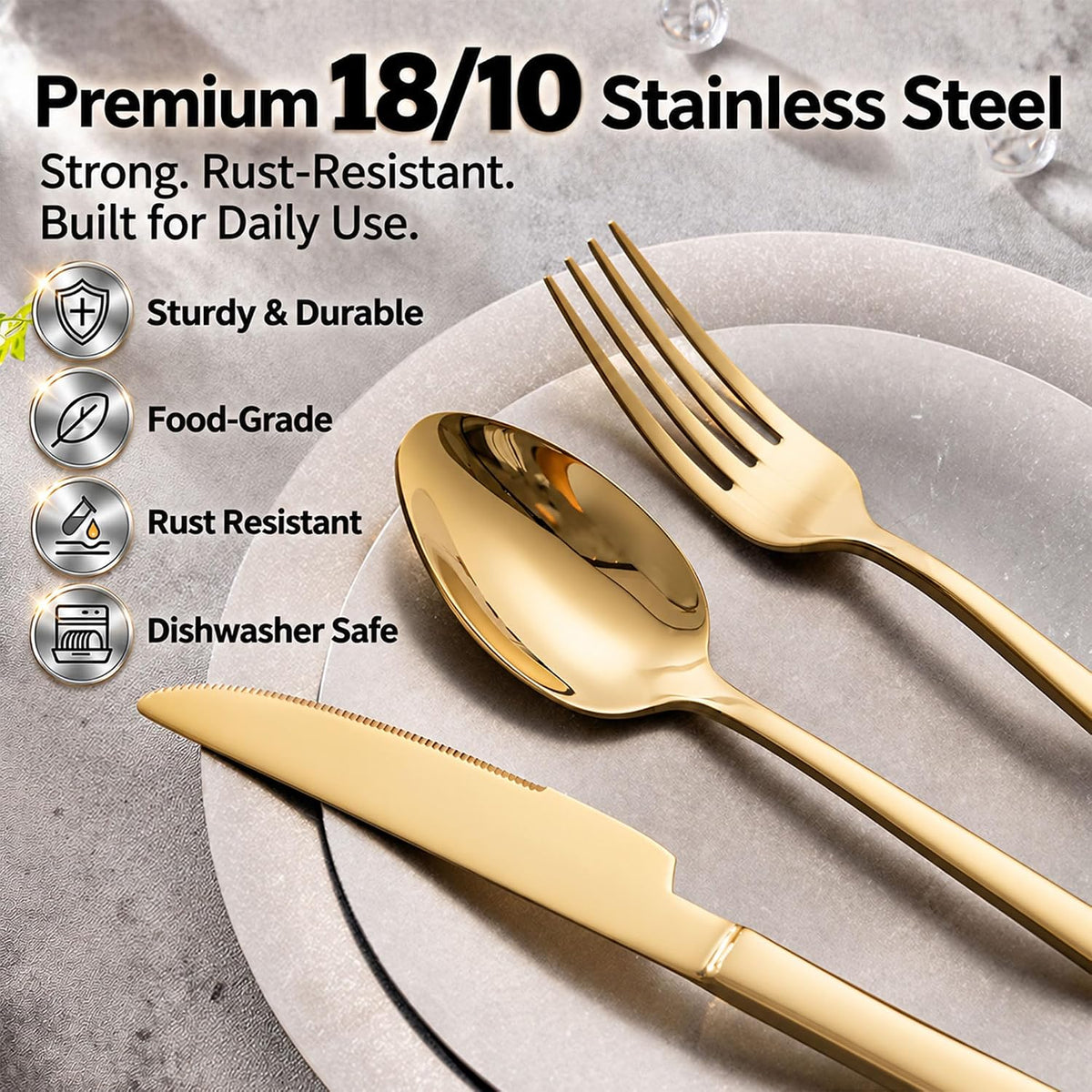 Gold Silverware Set for 8, 40-Piece 18/10 Stainless Steel Flatware