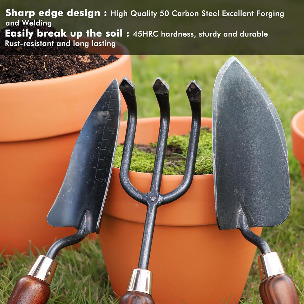3-in-1 Heavy Duty Gardening Tools Kit, Premium Carbon Steel Garden Hand Tools with Ergonomic Wooden Handle Includes