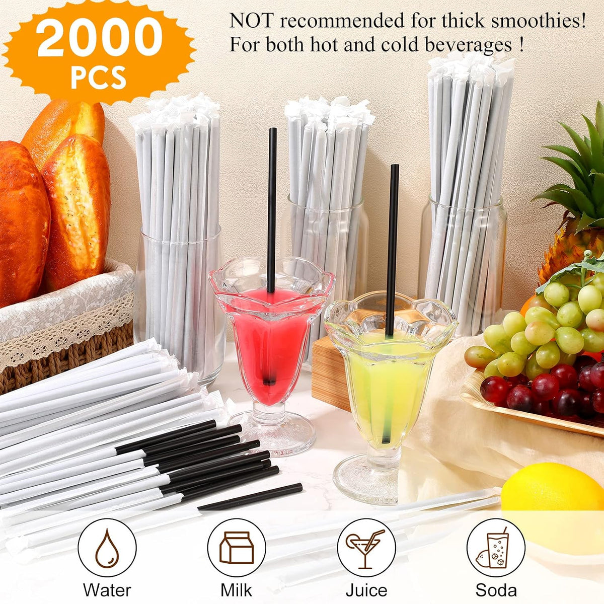 2000 Pcs Disposable Plastic Straws, 8" Individually Wrapped,Black