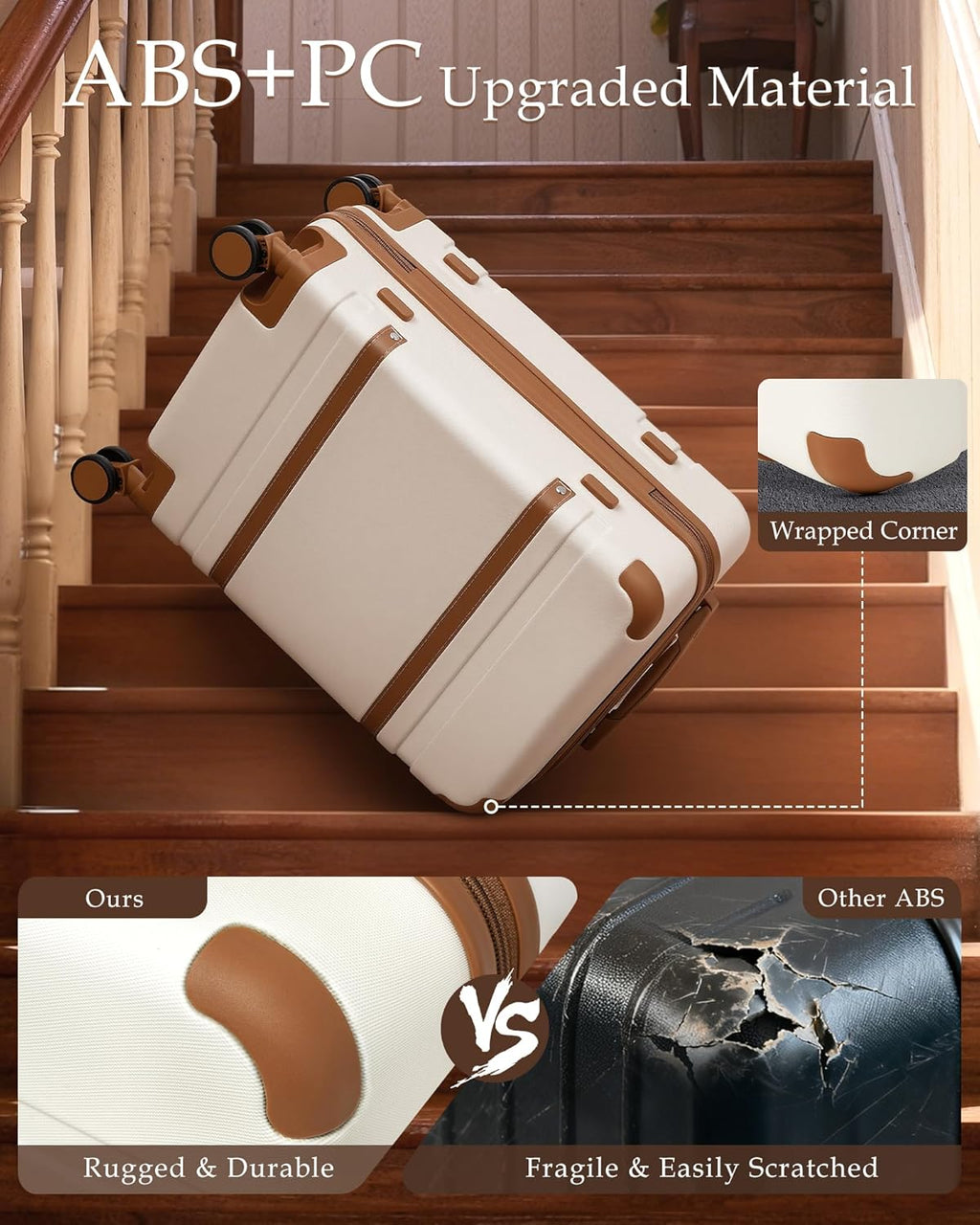 Luggage Sets 5 Piece, Suitcases With Wheels, PC+ABS Hardshell Luggage Set with Spinner Wheels, TSA Lock (White Brown)