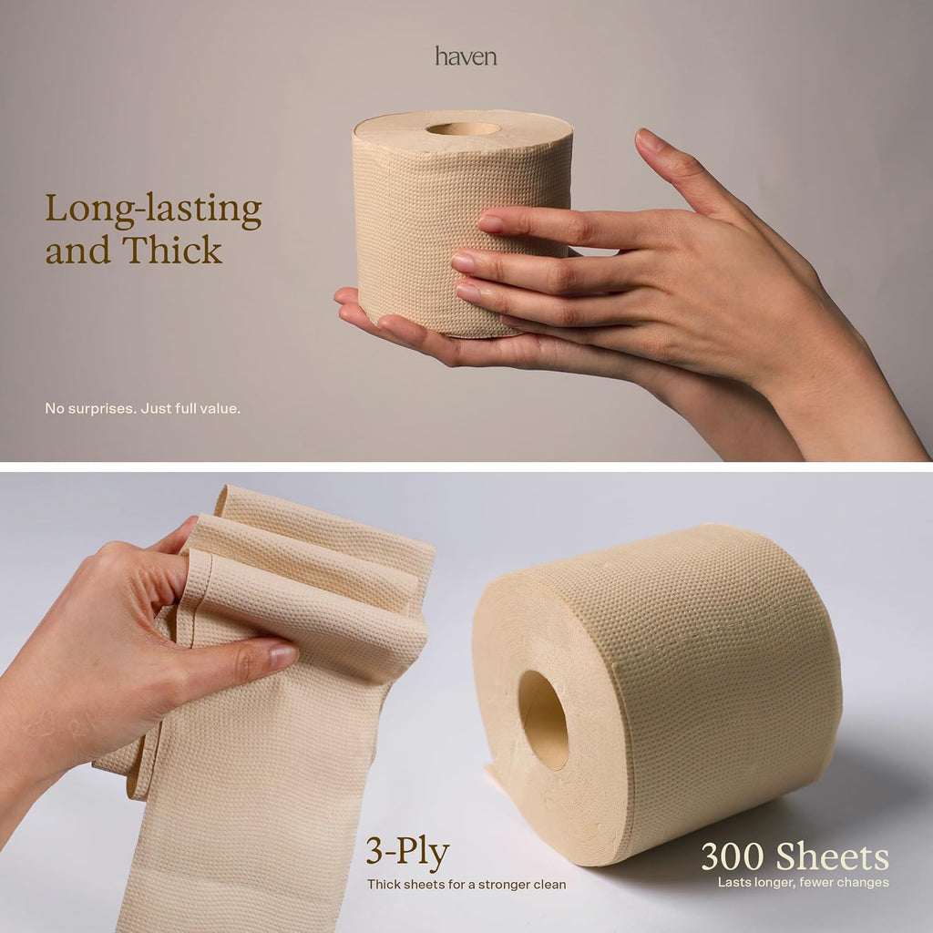 Haven Organic Bamboo Toilet Paper, Unbleached, 3-Ply, 24 Rolls, 300 Sheets