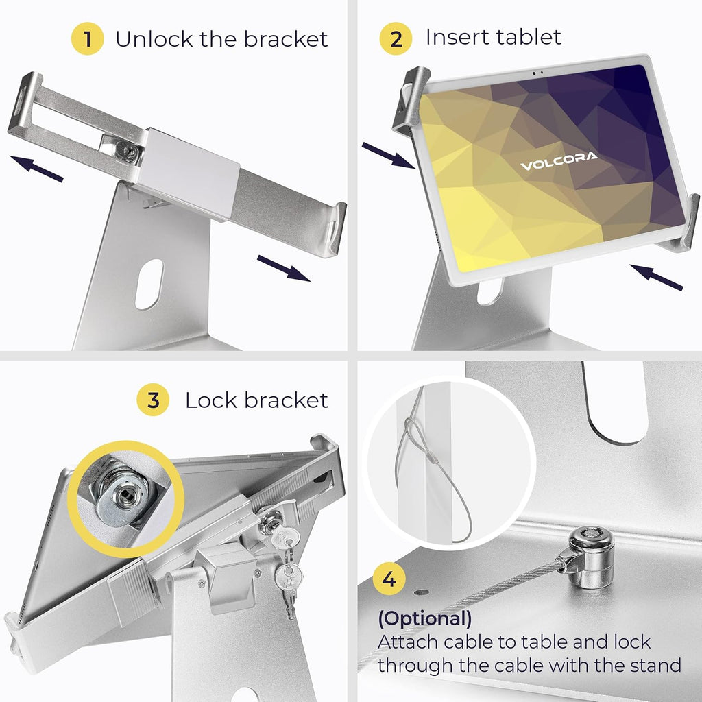 Anti-Theft Tablet Stand iPad Kiosk Stand with Lock, Silver 10-13'' iPad Stand for Desk, Swivel, Adjustable iPad