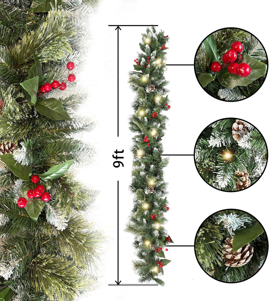 9ft Lighted Christmas Garland with Lights for Mantel | Artificial Flowering Pine Garland ,Faux Green Christmas Winter
