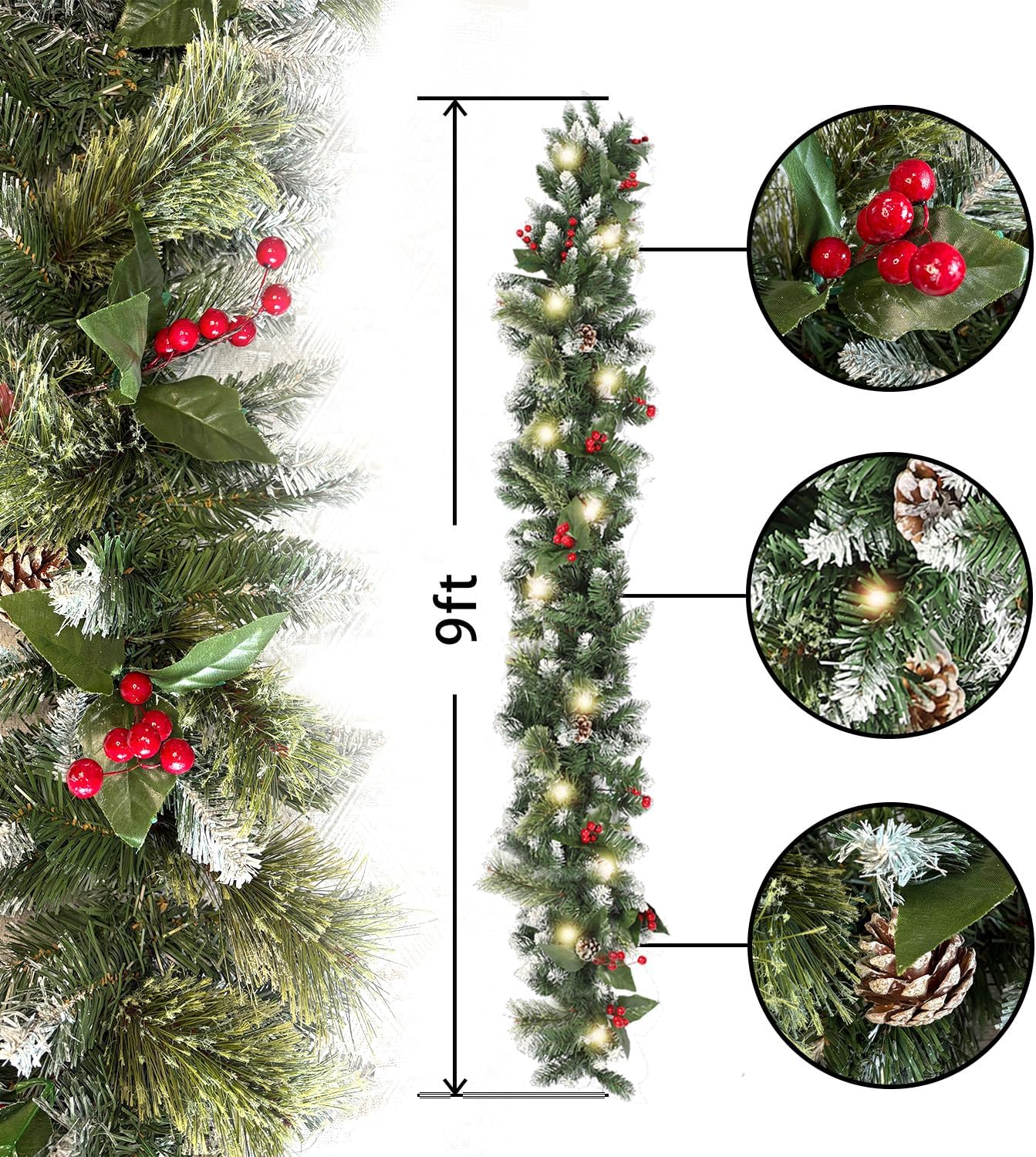 9ft Lighted Christmas Garland with Lights for Mantel | Artificial Flowering Pine Garland ,Faux Green Christmas Winter