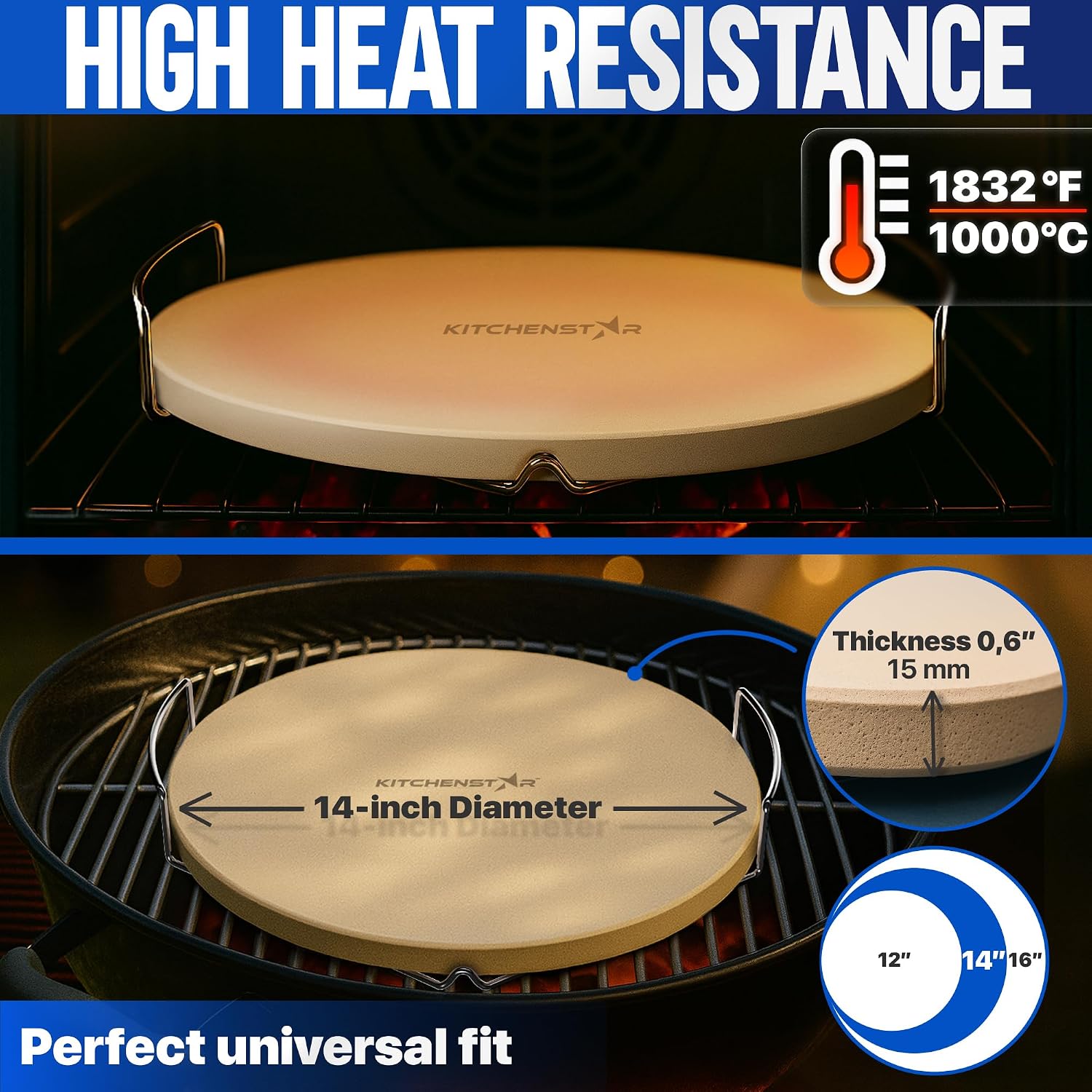 14-inch Pizza Stone for Oven and BBQ Grill with Handles, Round, 5/8" Thick - Natural Cordierite, 1800 °F Resistant