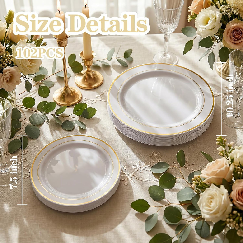 102 Pcs Gold Plastic Plates, Premium Disposable Gold Plates