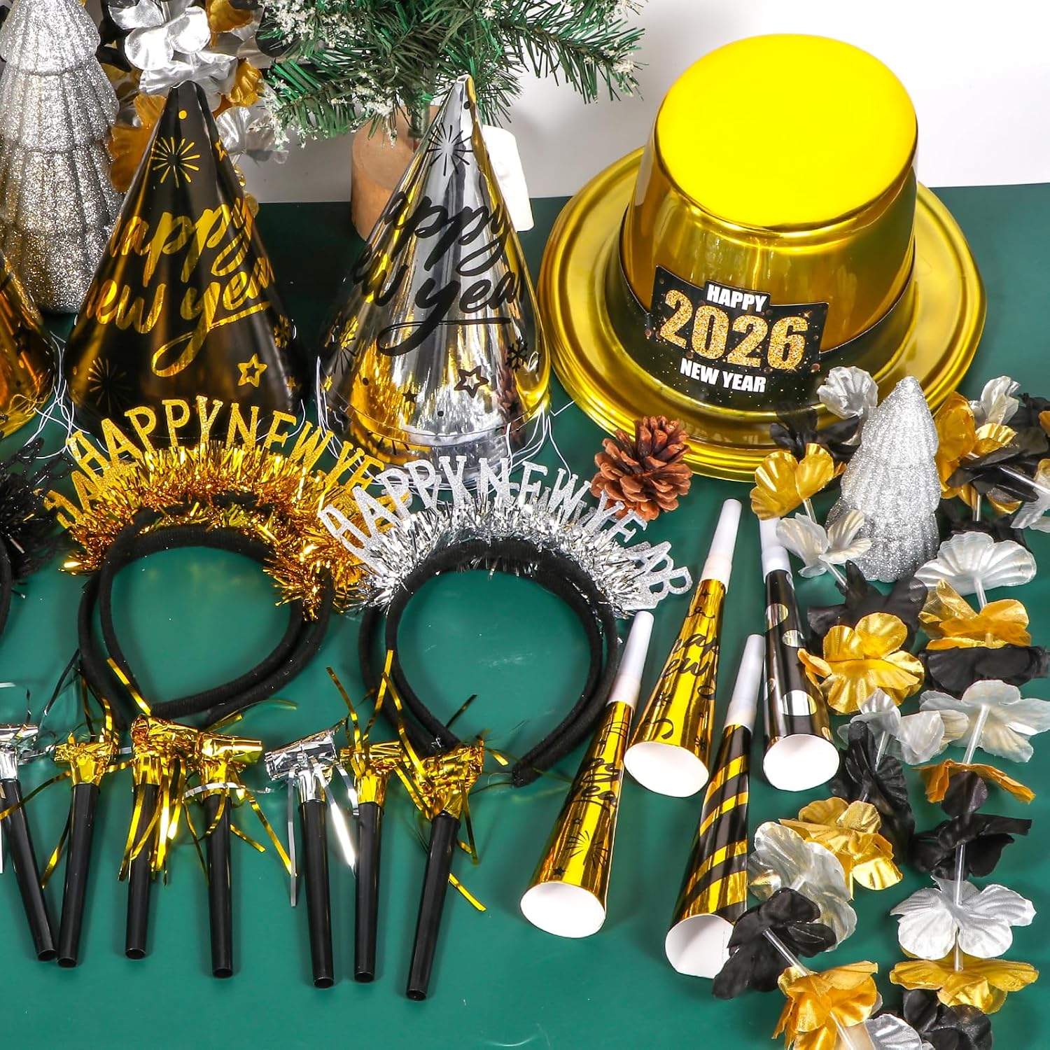 2026 New Years Eve Party Supplies for 20 Guests, 48 Pcs New Year Eve Party Hats and Horns, Headband, Tattoos
