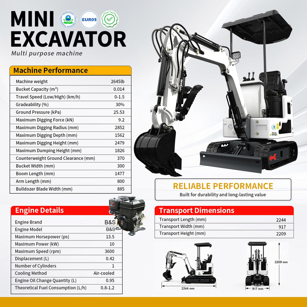 2650lb Mini Excavator with 13.5HP Gas Engine