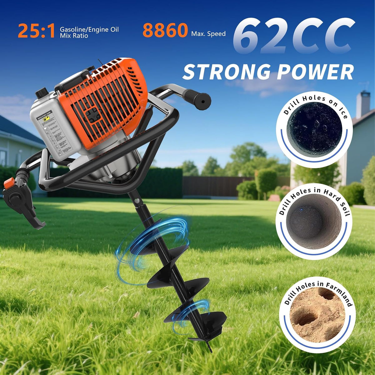 62cc 2-Stroke Auger Post Hole Digger with 2 Extension Rods & 6" & 8" Auger Bits - Gas Powered Earth Auger for