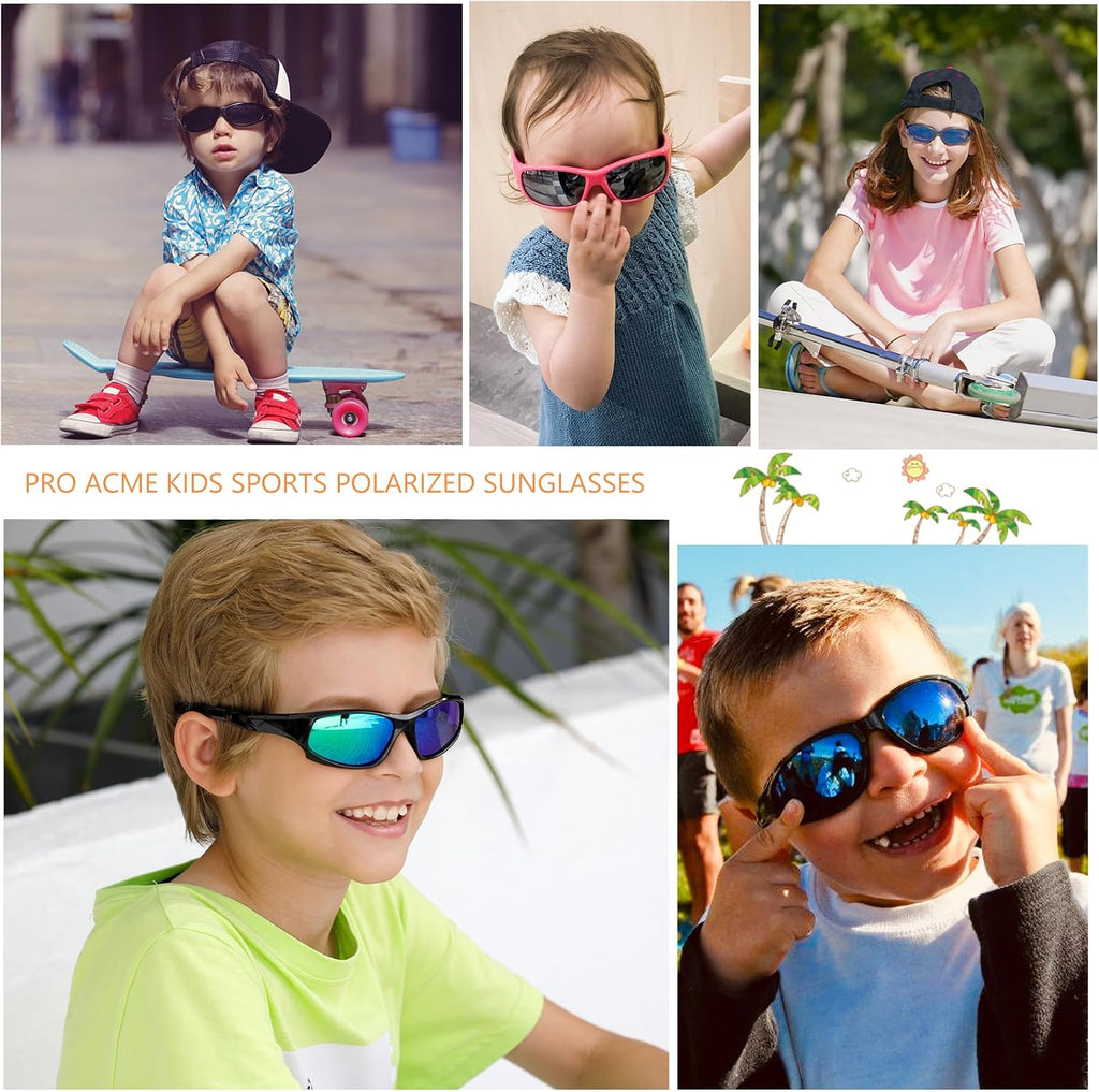 Kids Sunglasses for Boys Girls, Polarized Sports Youth Sunglasses with Strap for Kids Ages Color 3-12