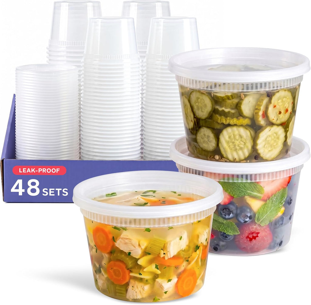 16 oz Plastic Deli Containers with Lids [48 Sets] Food Storage