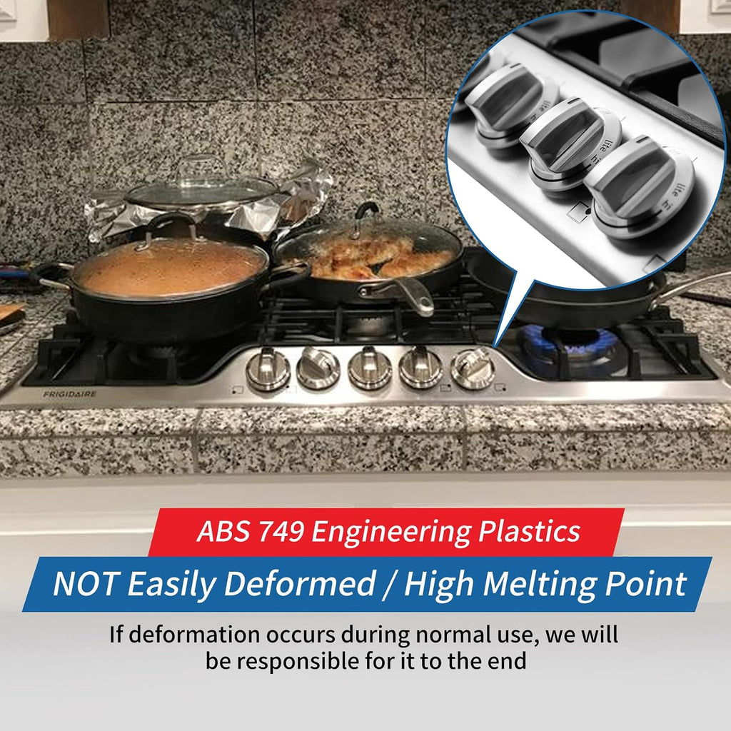 Upgraded 5304525746 A03546301/02/03 5304504839 Gas Stove Knobs for Frigidaire Stove, Laser Engraving Sign Knob for Frigidaire Stove FFGC3026SS FFGC3626SS FFGC3626SWC (Size:2.24IN Material:ABS749)