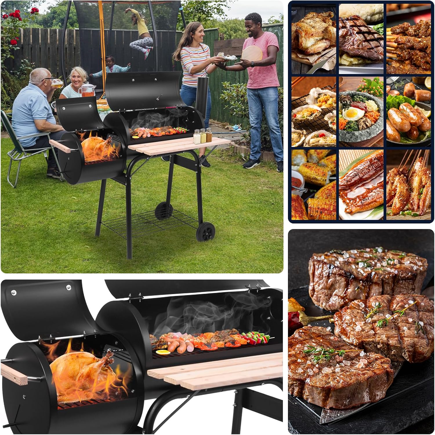 44in Large Barrel Charcoal Grills with Offset Smoker,Outdoor BBQ Grill,Vertical Picnic Barbecue Grills,Portable