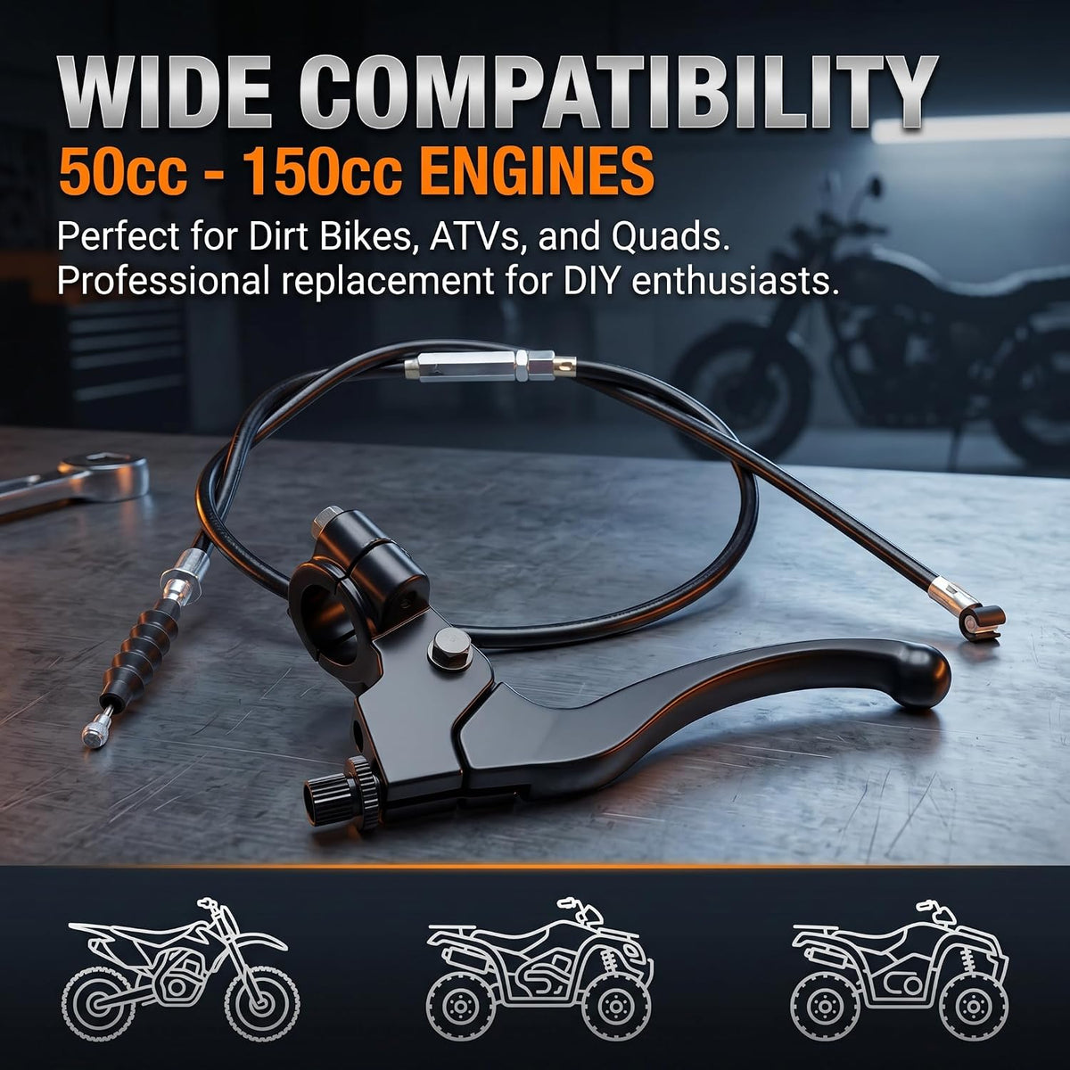 1 Set 7/8" Motorcycle Left Clutch Lever Handle Cable, Heavy-Duty Alloy Handle & Pull Cable for 50-150 cc, Anti-Breakage Anti-Rust Clutch Lever Kit, Replacement for Motorcycles ATVs (Black)