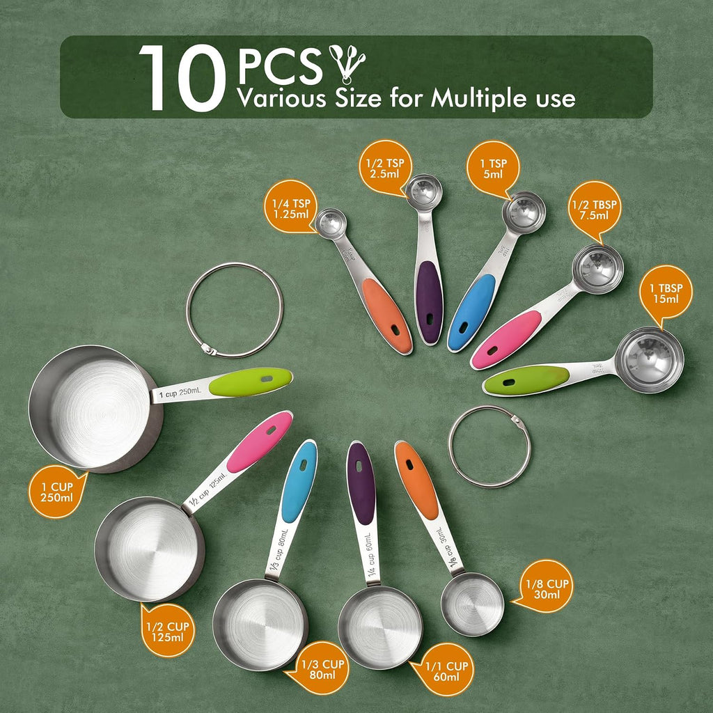 10-Pack Measuring Cups &Spoons Set, Kitchen Gadagets Cooking Baking, Measuring Spoons, Heavy Duty & Dishwasher Safe