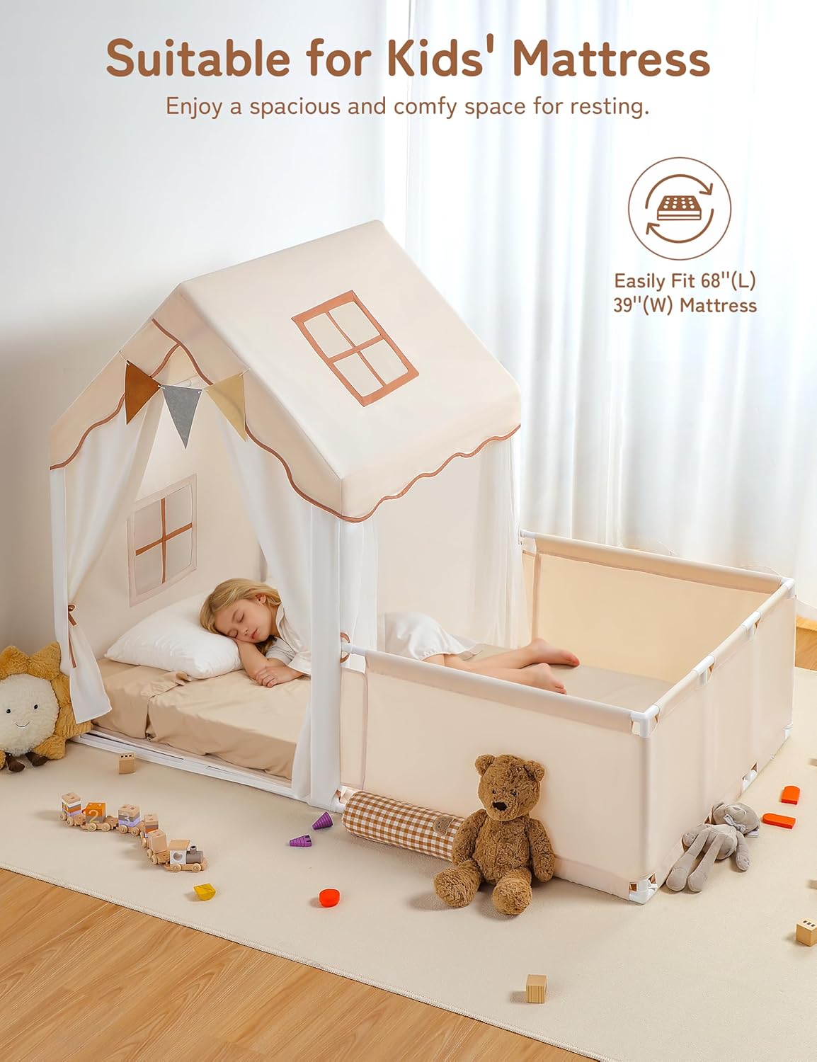 Kids Play Tent with Enclosure, Toddler Tent 2 in 1 with Padded Mat and Lights, Large Playhouse for Kids, Indoor &