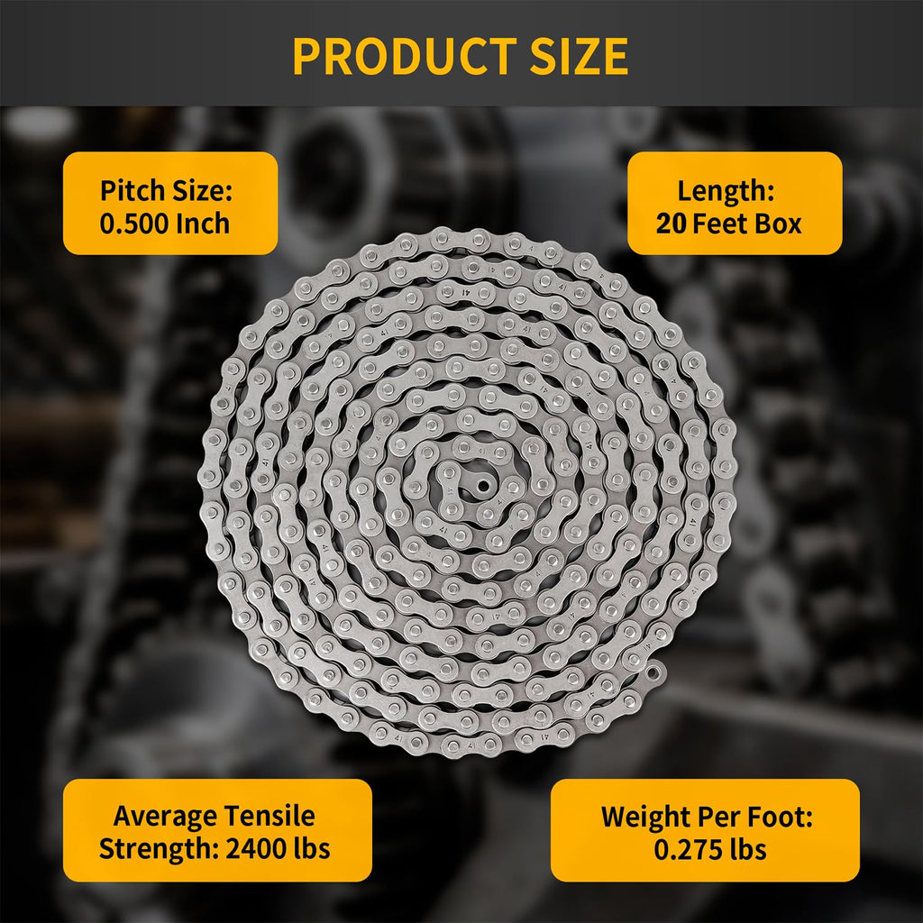 #41 Roller Chain 10 Feet for Gate Openers, Carbon Steel Operator Chain Replacement for Extension Automatic Sliding Gate Opener, Garage Hanger Door, Includes 5 Connecting Links