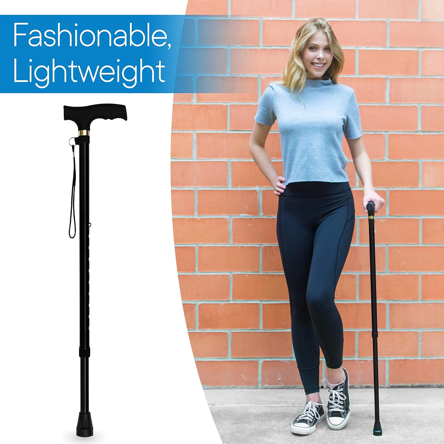 Walking Cane - Adjustable Walking Stick - Lightweight Aluminum Offset Cane with Ergonomic Handle and Wrist Strap