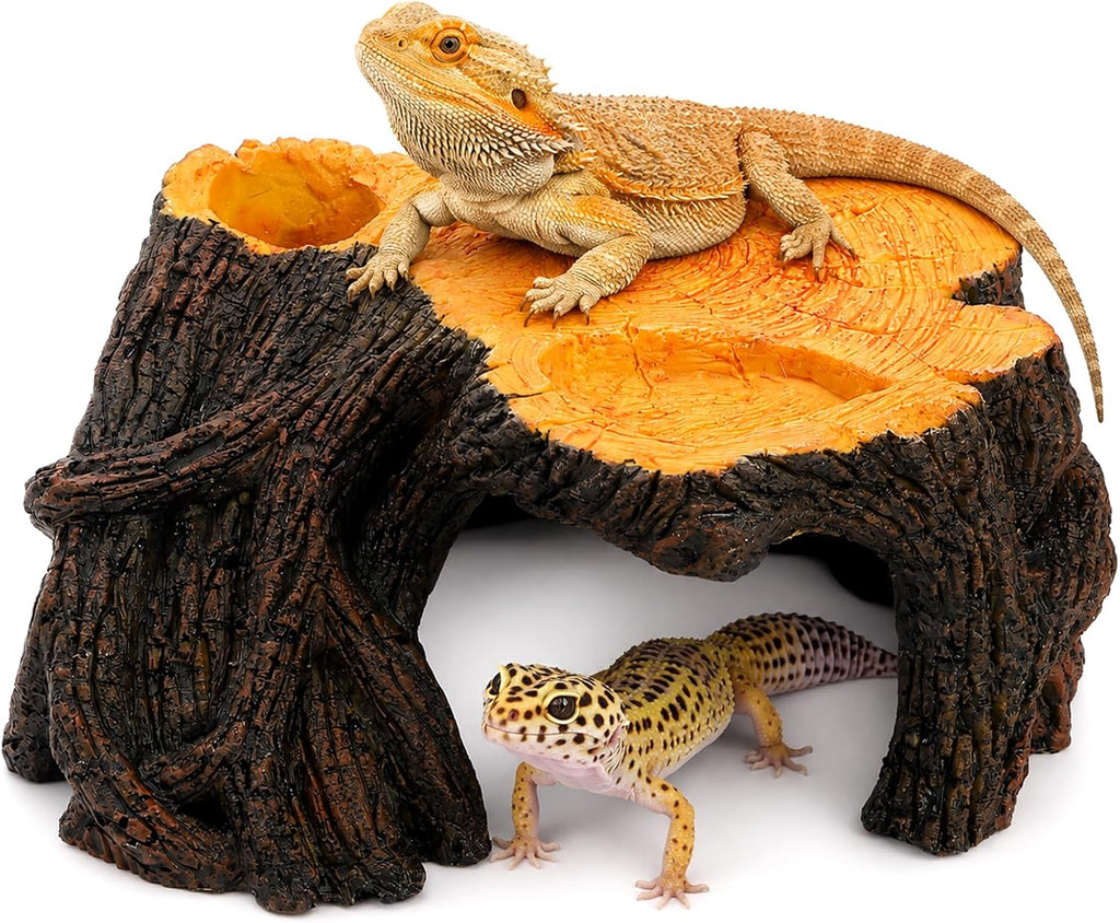 Reptile Hide Cave, 3 in 1 Tree Stump with Basking Platform