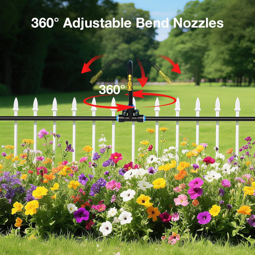 1/4" 100Ft Drip Irrigation System for Garden with 16pcs 360°Adjustable Brass Nozzles & Bendable Rod,Upgraded Watering