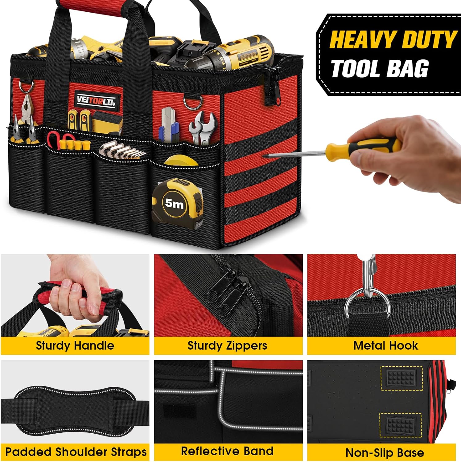 16-Inch Heavy Duty Tool Bag, 19-Pockets Tool Box Organizer, Portable Toolbag W/Soft Handle for Organized Storage