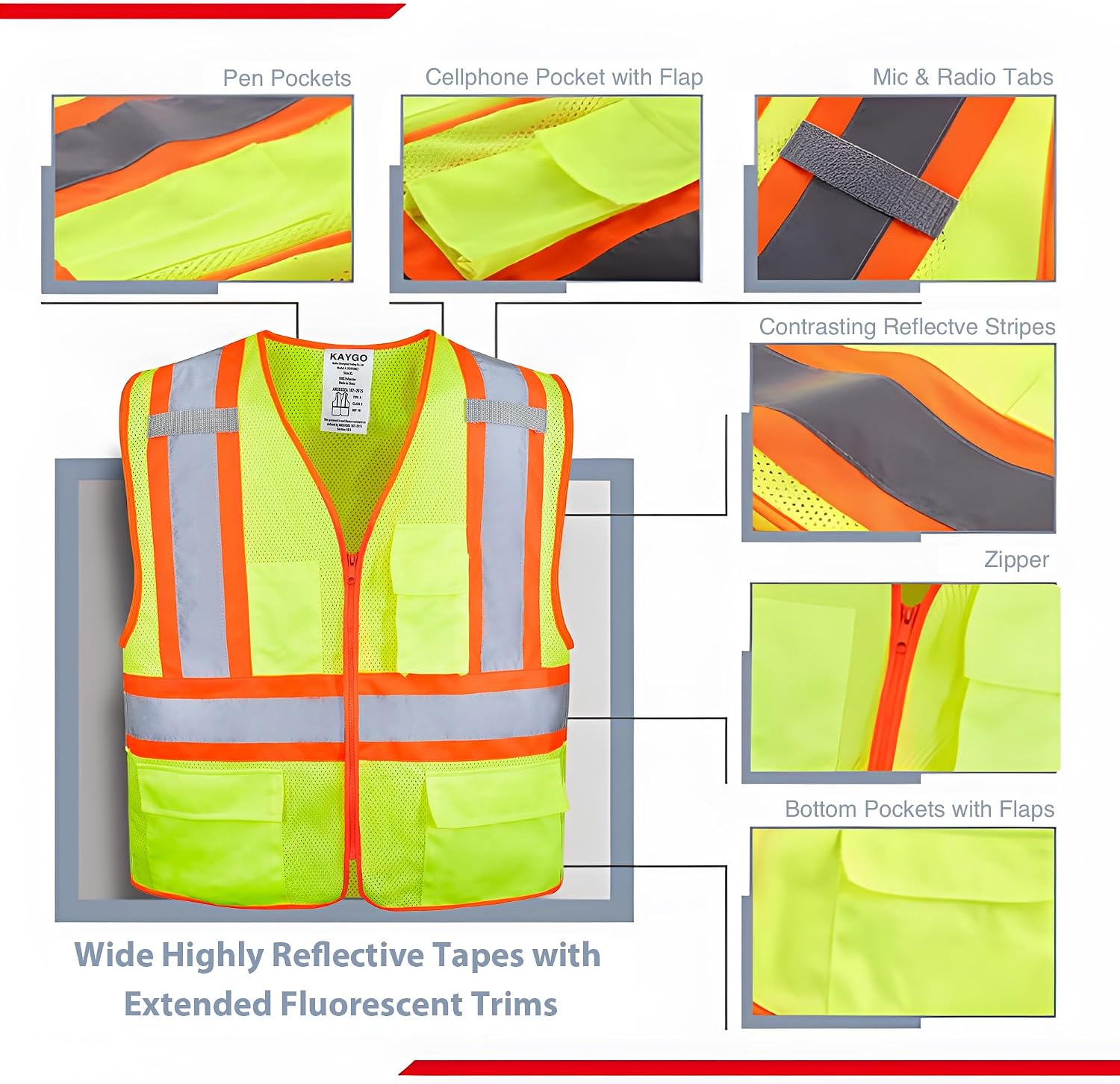 Reflective High Vis Safety Vest with Pockets for Men and Women KG0100 | Breathable Polyester Lightweight, Two-Tone