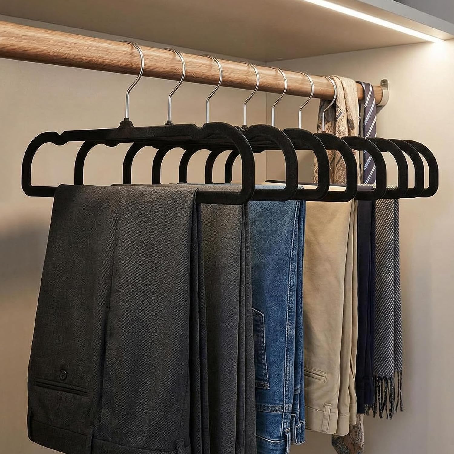 20-Pack Black Anti-Slip Velvet Clothing Hangers, Slim Space-Saving Design with 360° Rotatable Silver Metal Hooks and
