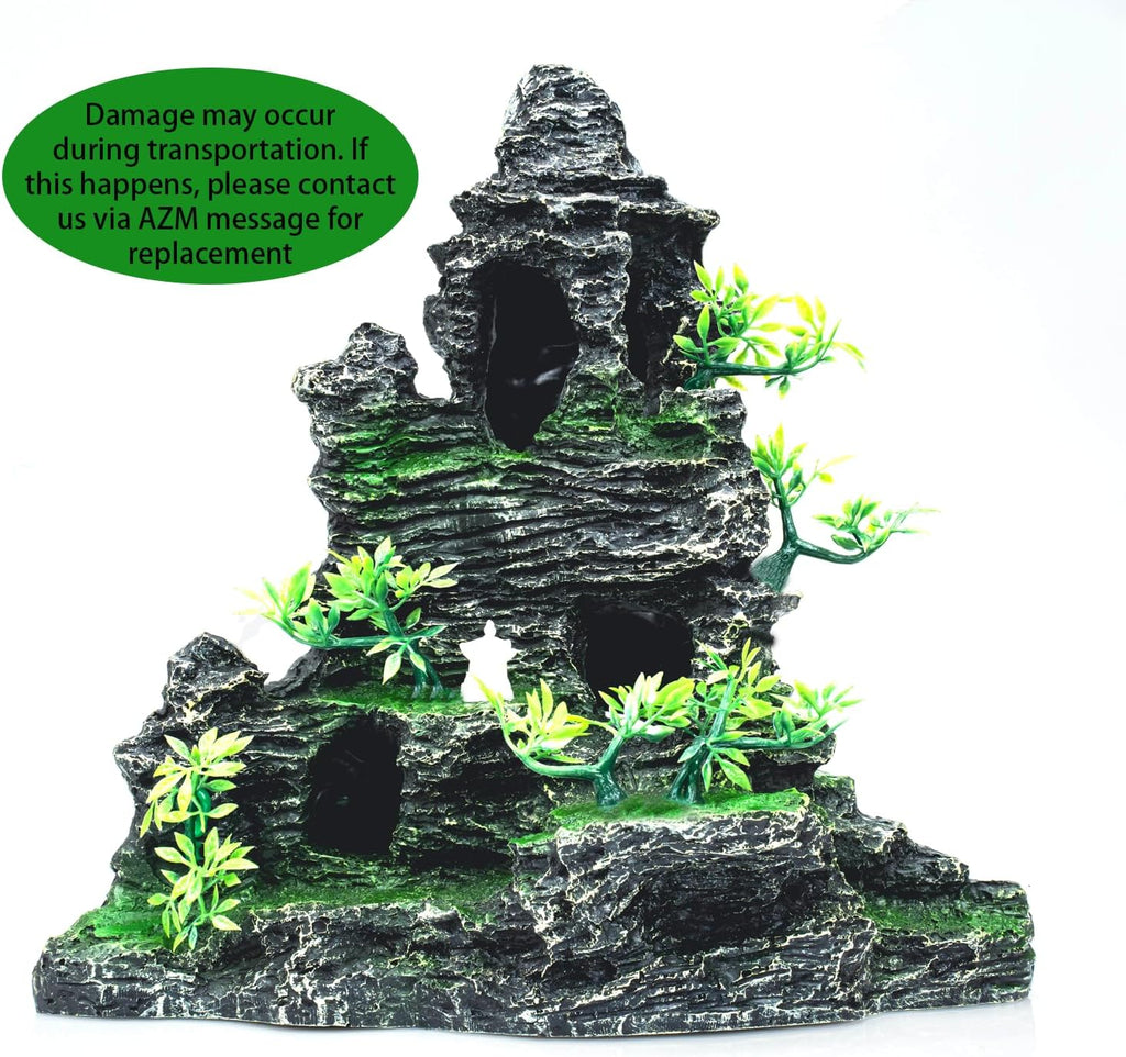 Large Aquarium Decor - Fish Tank Decorations with Mountain View Stone Ornament, Ideal for Betta, Snails, Turtle