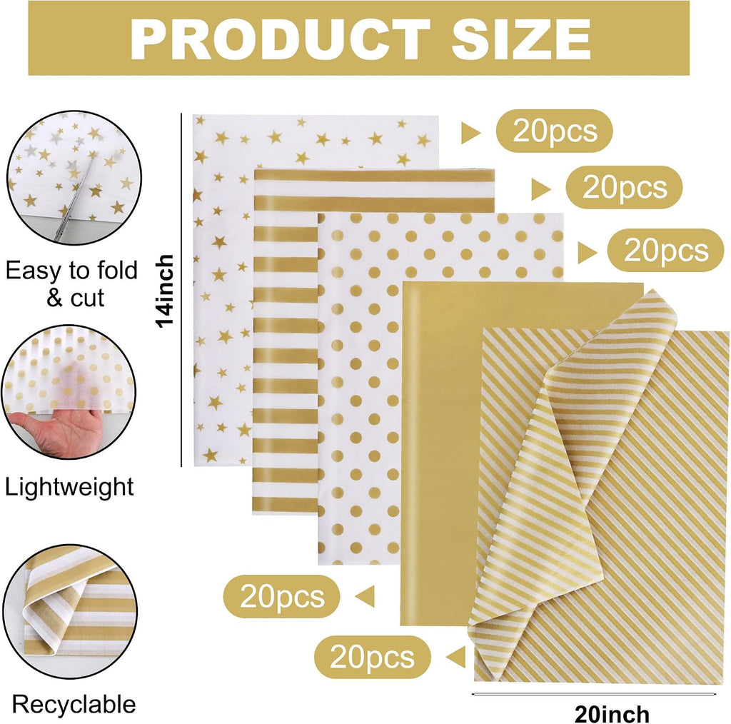 100 Sheets Gold White Tissue Paper Bulk for Gift Wrapping Gift Bag