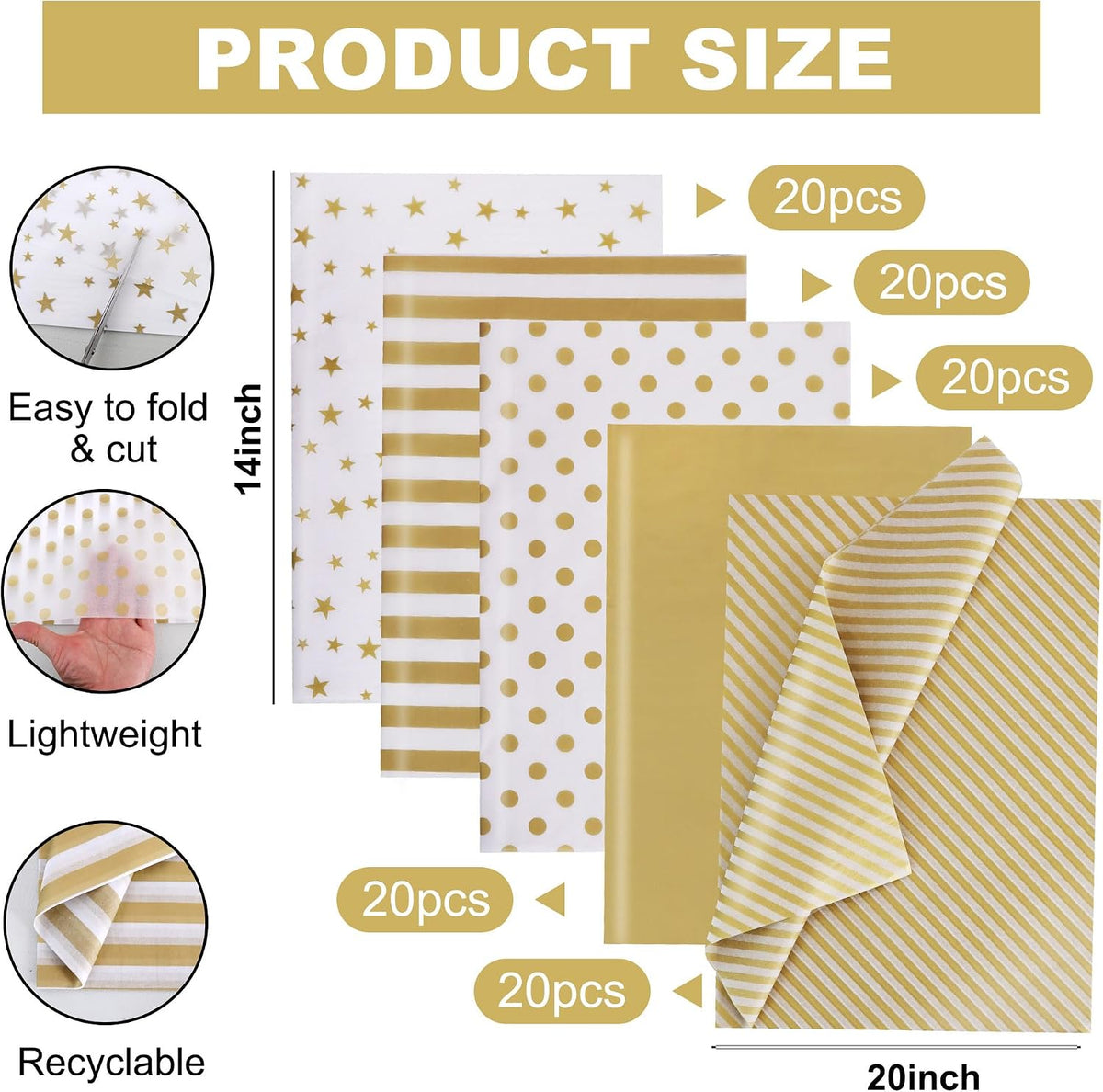 100 Sheets Gold White Tissue Paper Bulk for Gift Wrapping Gift Bag