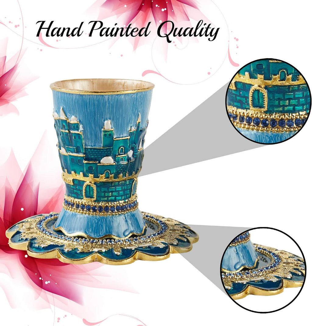 Hand-Painted Enamel 3.3'' Tall Kiddush Cup Set with Tray