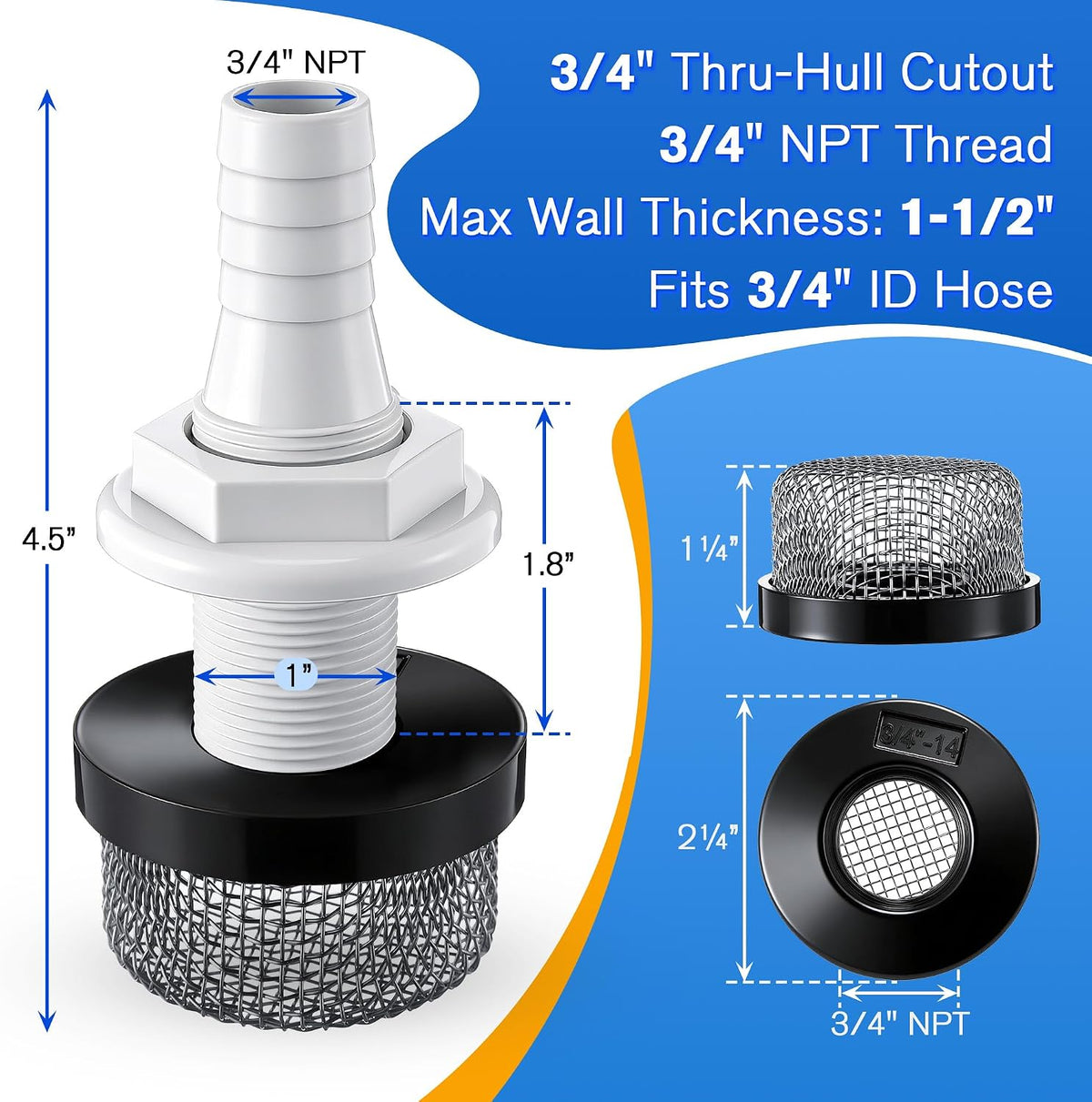 Thru Hull Strainer Mount with Aerator Screen for 3/4" ID Hose