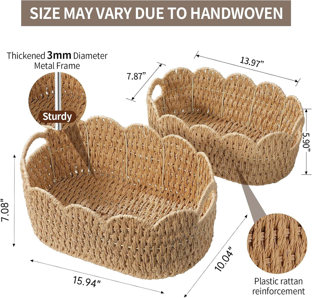 Paper Rope Scalloped Basket Set of 2,Woven Storage Baskets for Shelves,Laundry,Towels,Clothes,Books,Toys,Cute Decor