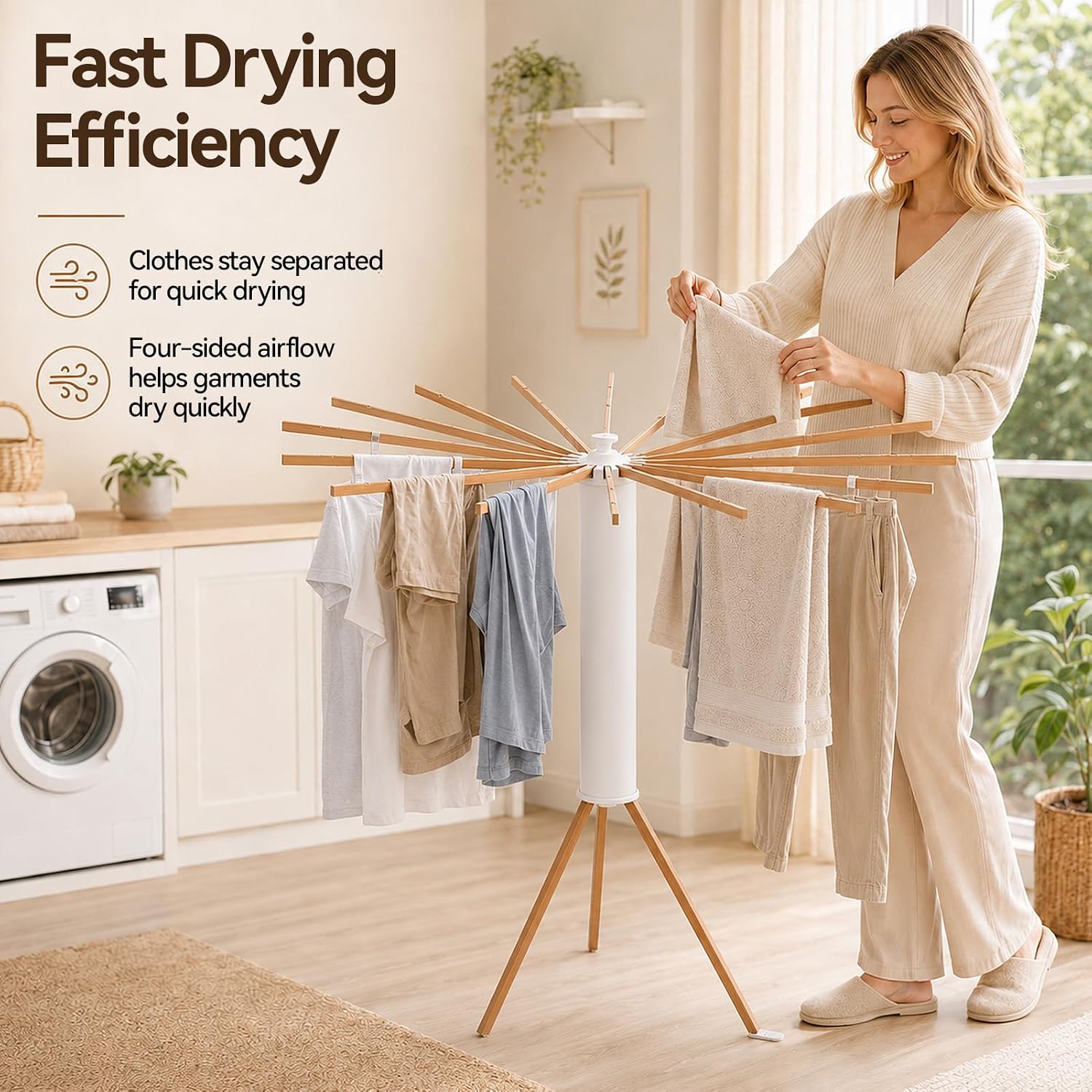 2026 Tripod Clothes Drying Rack, Clothing Stand, Foldable Rotary Laundry Drying Racks with 16 Wooden Arm, Indoor &