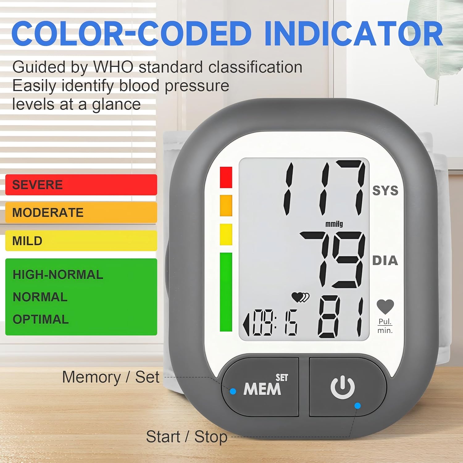 Blood Pressure Monitor Adjustable Wrist Cuff for Home Use Automatic BP Machine Large Digital LCD Display 199 Memory