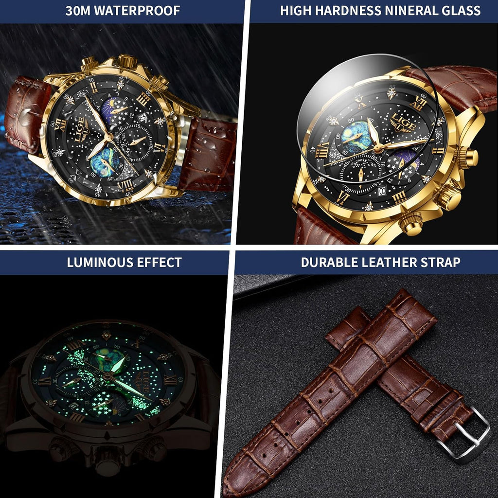 Waterproof Watches for Men Analog Dress Water Proof Chronograph Work Casual Leather Water-Resistant Lunar Phase
