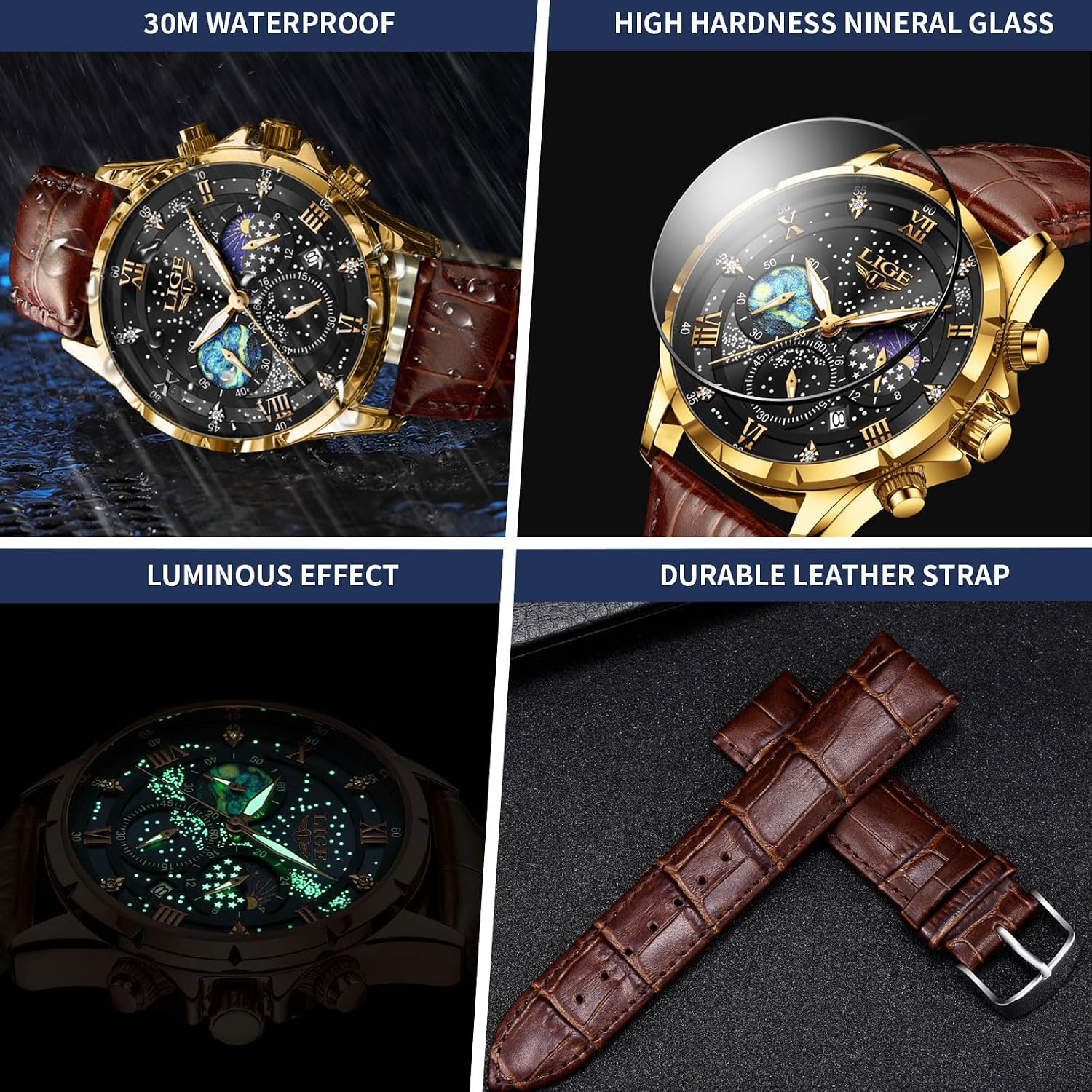 Waterproof Watches for Men Analog Dress Water Proof Chronograph Work Casual Leather Water-Resistant Lunar Phase