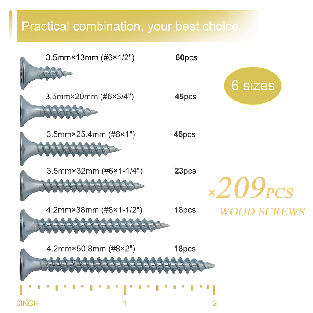 209PCS Wood Screw Assortment Kit, 6 Sizes Flat Head Phillips