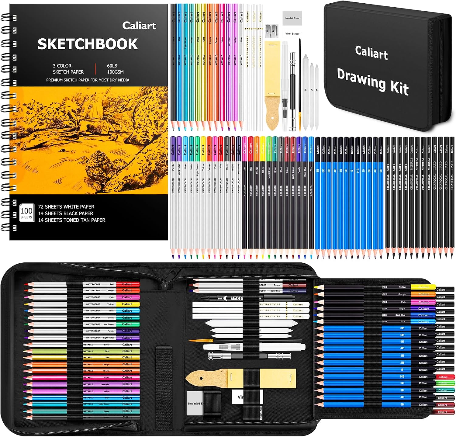 176PCS Art Supplies Sketching Kit with 100 Sheets 3-Color Sketch Book, Graphite Colored Charcoal Watercolor &