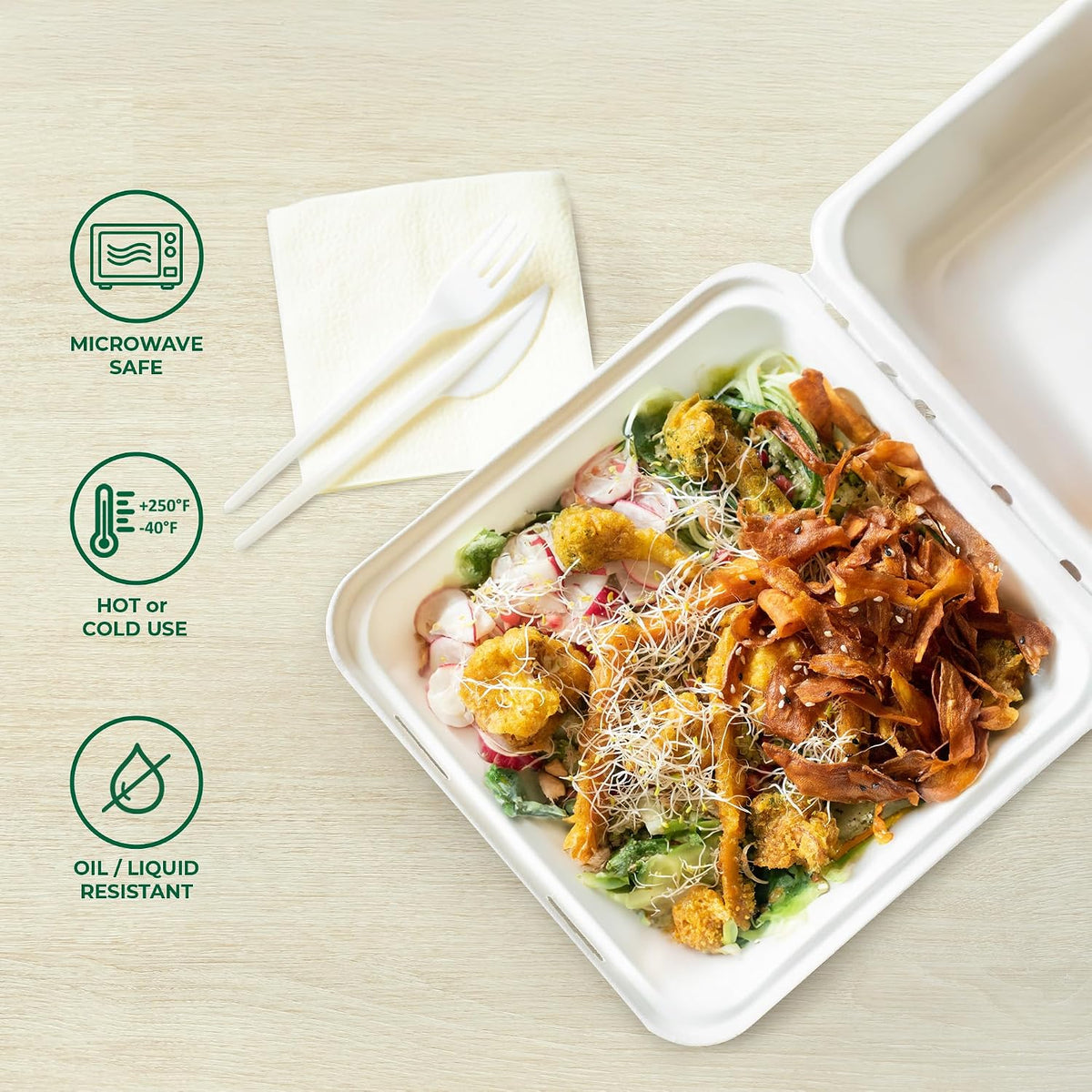 Clamshell Food Containers with Lids [9x9" 100-Pack] Disposable To Go Containers, Biodegradable Sugarcane To Go Boxes