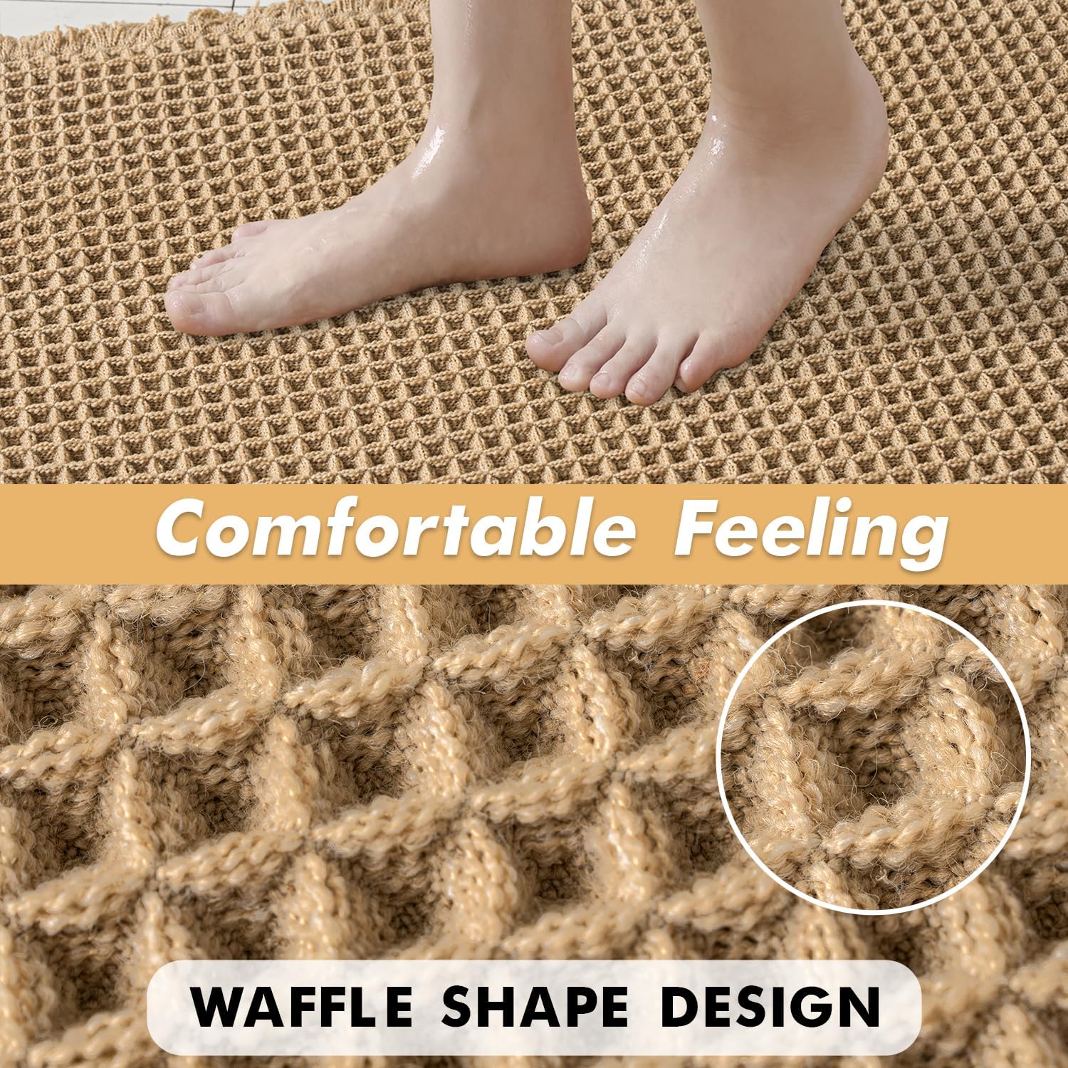 Set of 2 Waffle Bathroom Rugs Boho Bath Mat Brown 18x30 Inch | Non Slip, Super Absorbent, Washable, Ultra Soft
